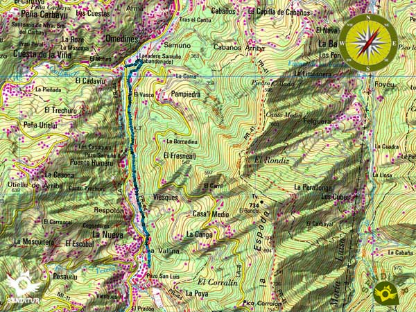 Topographic map wit:the route Samuño Valley Path