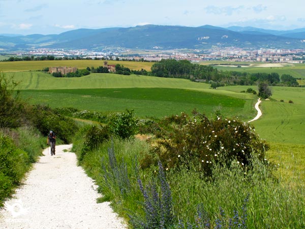 Long ascent from the uninhabited Guenduláin, with Pamplona-Iruña in the background