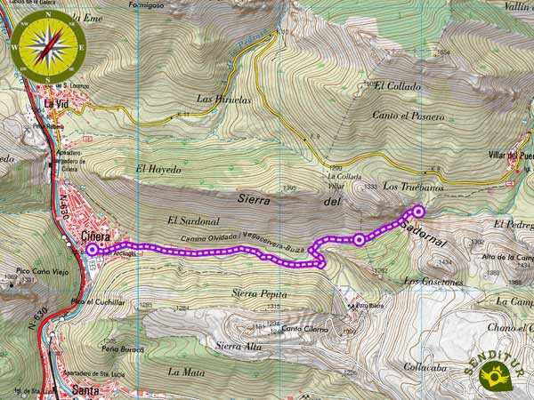 Mapa topográfico de la ruta por el Faedo de Ciñera y las Hoces de Villar