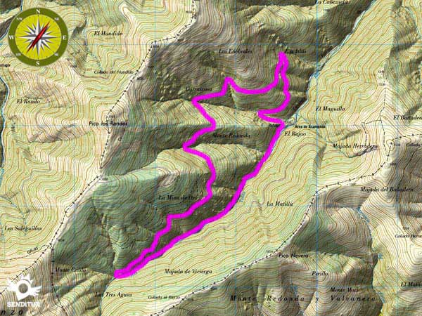 Mapa topográfico con el recorrido Ruta del Rajao