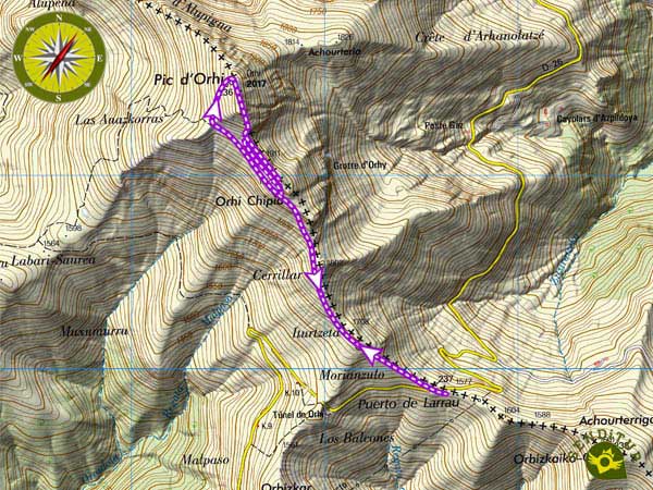 Topographic map with the route Mount Ori from the col of Larrau