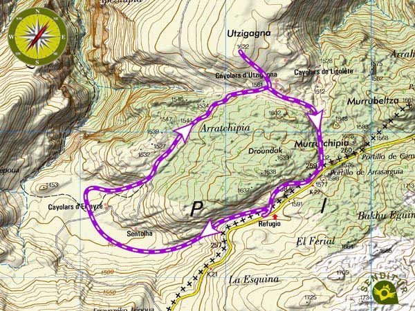 Topographic map with the route Snowshoe Circuit The Ferial