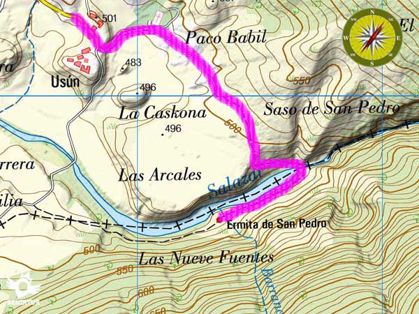 Topographic map with the route Foz of Arbayún