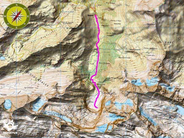 Topographic map with the route of the Waterfall of Gavarnie